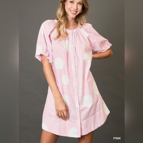 Umgee USA Umgee Stripe and Dot Print Button Down Puff Sleeve Mini Dress Slze Md - Picture 7 of 9